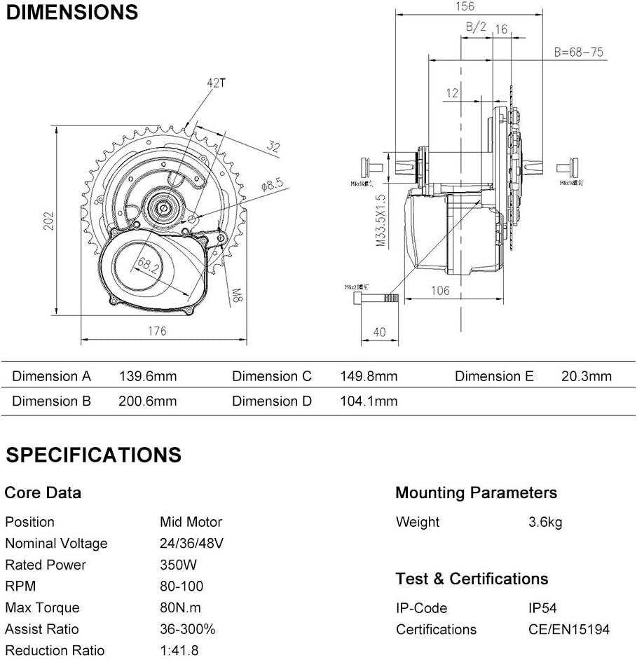 TongSheng TSDZ2B 36V 250W/350W Torque Sensing Mid Drive Motor